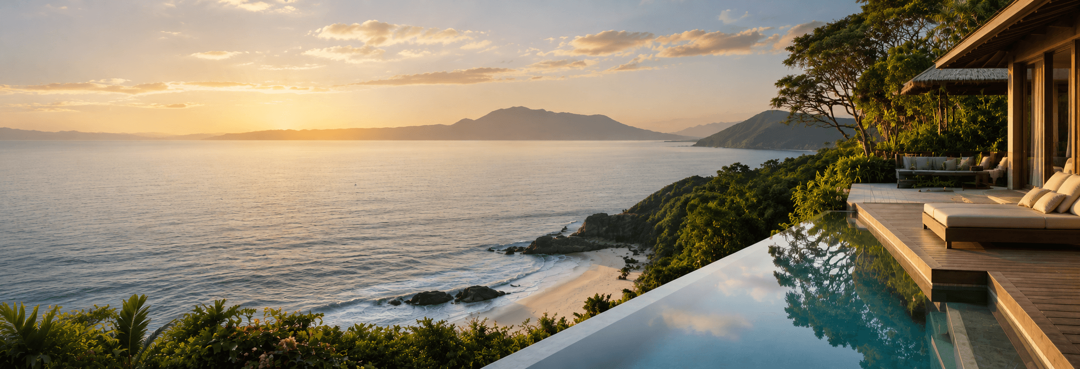 Luxury coastal villa with infinity pool at sunset